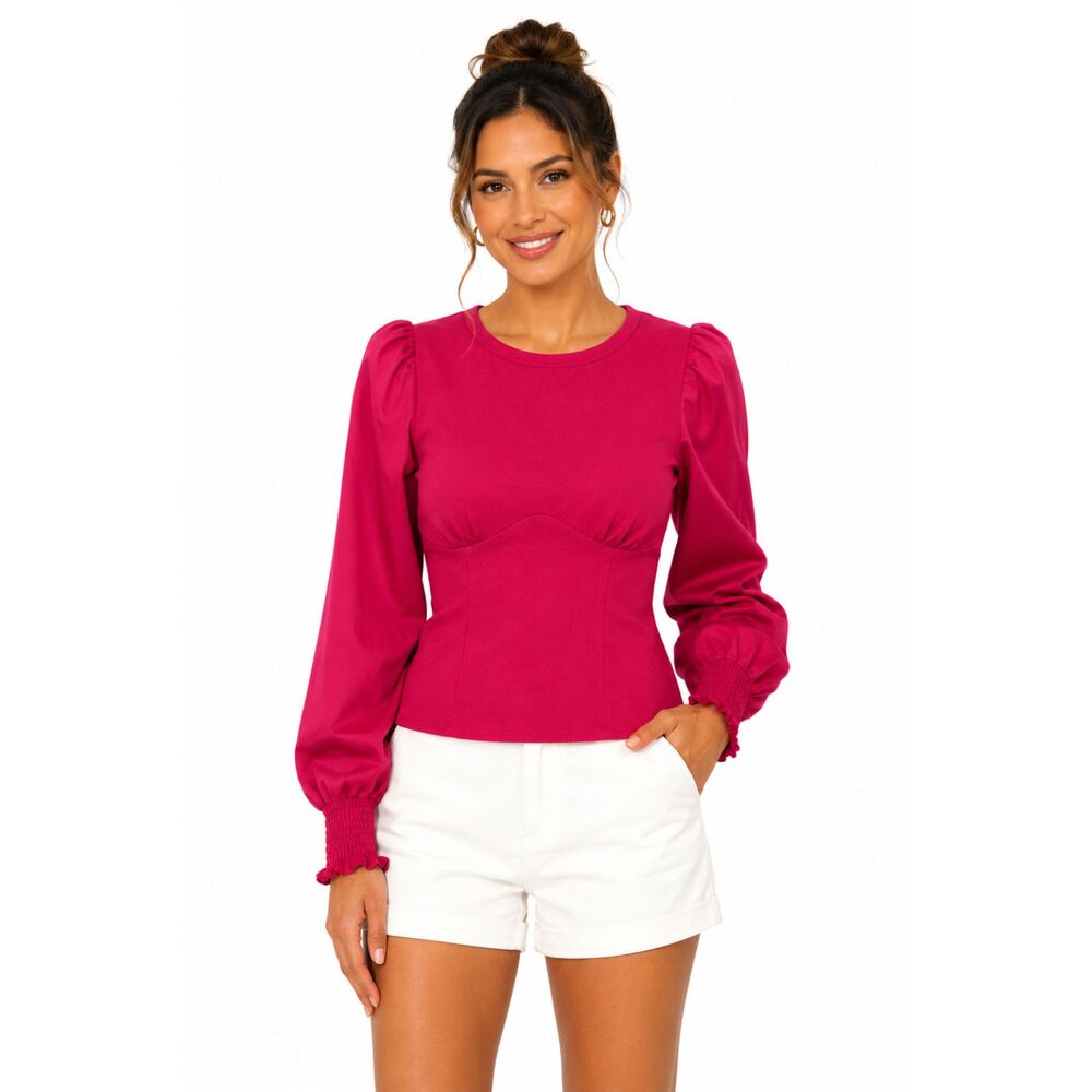 Anthropologie Structured Long Puff Sleeve Top Fuscia Pink Wine Sz XS